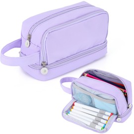 Alyvisun Large Capacity Pencil Case with 3 Compartments for Boys Girls, Desk Stationery Organizer Pencil Pouch with Handle, Portable Pencil Case for School Office Supplies (Purple)