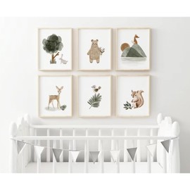 Woodland Nursery Wall Art Decor Set of 6 Animal Canvas Wall Decor Pictures Baby Room Neutral Wall Art Boho Painting Kids Deer Art Prints Nursery Sage Green Artwork for Bedroom 8x10 Inch Unframed