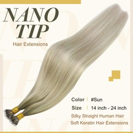 Sunny Hair Nano Extensions Human Hair Blonde Nano Hair Extensions Cool Ash Grey Ombre Platinum Blonde Nano Ring Hair Extensions Blonde Nano Tip Human Hair Extensions Keep Texture 50G 14Inch