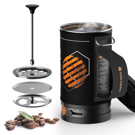 Stoke Voltaics Electric French Press Coffee Maker, 120V Boil Water & Press Coffee 2-in-1, Portable Design for Travel, Camping, 6 Minute Brew Ready
