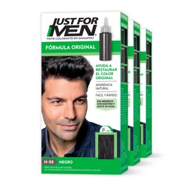 Just For Men Tinte Colorante Para Hombre en Shampoo, Negro H55, Ideal Para Cubrir 100% de Las Canas, Paquete de 3, 66ml
