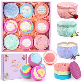 Bath Bombs for Women Gift Set - 5 Large Bath Bombs with 4 Shower Steamers & 3 Scented Candles for Women - with Essential Oils to Moisturize Dry Skin, Birthday/Thanksgiving/Christmas Gifts for Women