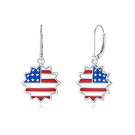 4th of July Earrings for Women 925 Sterling Silver Patriotic American Flag Earrings USA Star Dangle Drop for Independence Day Gifts