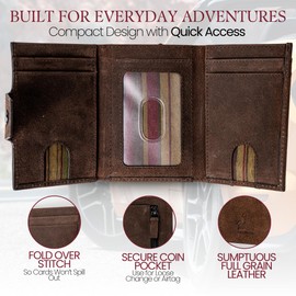 BULL GUARD Trifold RFID Blocking Front Pocket Wallet for Men, Secure Card Slots & Coin Pocket, Durable Full Grain Leather Craftmanship in Crazy Horse