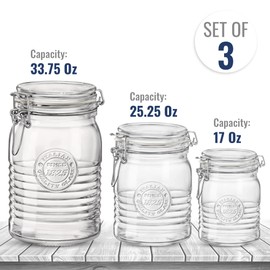 Bormioli Rocco Officina 1825 Variety Pack, Set Of 3 Glass Jars (33.75 Oz. 25.25 Oz. 17 Oz.), Wide Opening, With Airtight Hinged Lid, clear, Made In Italy.