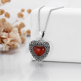 Heart Locket Necklace That Holds Pictures Sterling Silver Flower Lockets Jewelry for Women - Always in My Heart (Cherry Blossoms-Red Agate)
