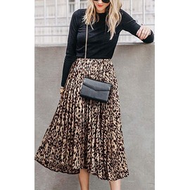 Womens Leopard Print Skirt Long Maxi Elasticated Waist Pleated A Line Skirts Boho Ladies Leopard L