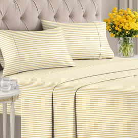 Yellow Striped Sheets - 1 Flat & 1 Fitted Sheet & 2 Pillowcases w/ Deep Pockets - Cozy, Wrinkle & Fade Resistant - Ultra-Soft, Comfy, Breathable & Cooling - Luxury Pinstripe Bedding - Full Size