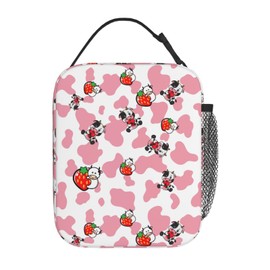 Pink Strawberry Cows Print Reusable Lunch Box Food Bag Insulated Lunch Bag for Teenage Boys Girls School Beach