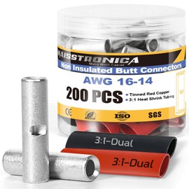 haisstronica 200PCS Non Insulated Butt Connectors Kit with Heat Shrink Tubing, AWG 16-14 Tinned Copper Seamless Butt Splice terminals and 3:1 Shrink Tube for Automotive, Marine, Wiring Projects