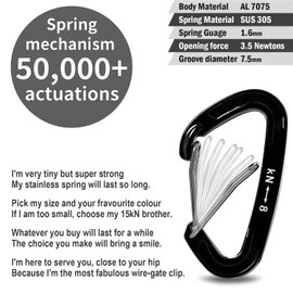 FresKaro 5pcs Carabiner Clips, caribeener clip Medium Duty, Small Sturdy Key Keychain Accessory, Spring Snap Wire-gate Hook, 8kN 816kg, for Hiking, Camping, Fishing, Not for Climbing, Mini Size, Black