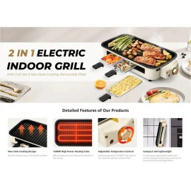 1500W Portable Indoor Electric BBQ Griddle Smokeless Removable Non-Stick Plate Dishwasher Safe Hot Pot Kitchen Essential PerfectColor: Light Brown Color