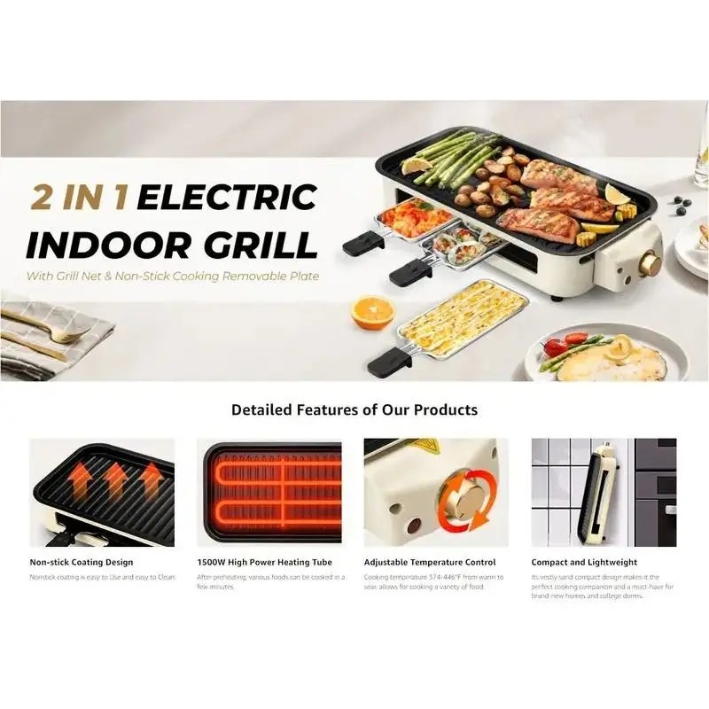 1500W Portable Indoor Electric BBQ Griddle Smokeless Removable Non-Stick Plate