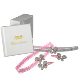 HAARallerliebst Set of 4 Hair Clips and Headband with Glittering Butterflies (3.5 cm | Pink Silver | 4 Pieces) Including Pink Box for Storage (Box Colour: White)
