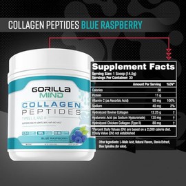 Gorilla Mind Gorilla Mind Collagen Peptides Powder - Joint & Bone Health/Great for Hair, Skin & Nails/Sleep Support/Types I, II, III/Mix in Water, Juice or a Smoothie - 435g (Blue Raspberry)