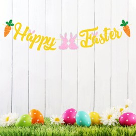 Happy Easter Bunting Banner Decoration Glitter Hanging Garland for Easter Day Home School Decoration Easter Decor Favors Photo backdrop Party Supplies