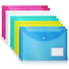 DocFeedz Plastic Wallets A4 - Pack of 10 Waterproof Plastic Folders for Documents 33.2 x 23.4 cm - 5 Assorted Colours Popper Wallet A4 with Snap Button and Label for Home, Office, School and Travel