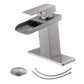 BWE Waterfall Bathroom Faucet Brushed Nickel with Pop Up Drain Stopper Assembly and Supply Line Single Handle for Sink One Hole Faucets Vanity Lavatory Mixer Tap
