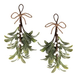 Christmas Mistletoe Decor,2Pcs Christmas Artificial Mistletoe Picks Fake Mistletoe Decoration Branches with White Berries Mistletoe Rope Bow Mistletoe Hanging Ornament for Christmas Party Decorations