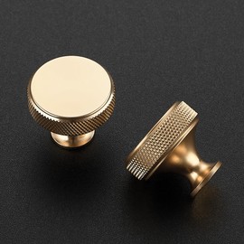 JOY DECOR 10 Pack Brushed Brass Kitchen Cabinet Hardware Knobs Round Solid Knurled Handles Single Hole Drawer Knobs for Cabinet Furniture Brass Dresser Pulls