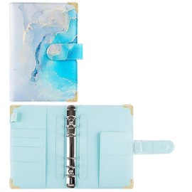 Ink A6 Ring Binder Budget Book Colour Image Printing Notebook Sub Leather PU Hand Loose Leaf Folder Manual (Aqua Blue)