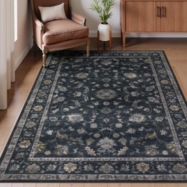Wonnitar 5x7 Washable Area Rug, Low Pile Floral Vintage Rug for Bedroom, Stain Resistant Rugs for Living Room Non Shedding Floor Carpets for Dining Room Home Office,(Black,5x7)