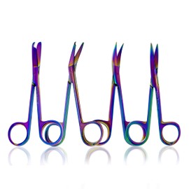 A2ZScilab-Set of 4 Suture Stitch Scissors and Iris Micro Point Scissors with Multicolor/Rainbow Titanium Coating - Premium Quality - Delicate Hook - Perfect for Suture Removal First Aid EMS Training