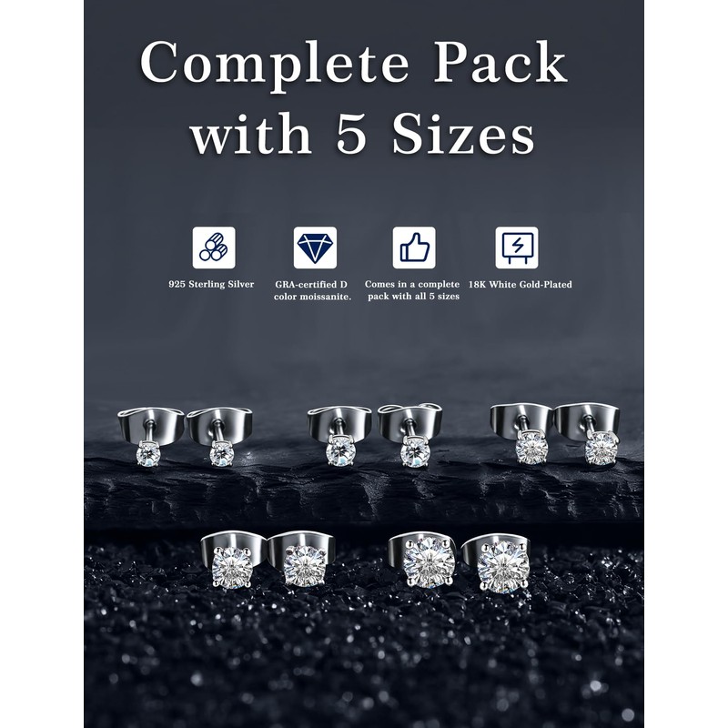 Kosuwo Moissanite Stud Earrings Set, 925 Sterling Silver, 18K White