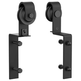 ZEKOO Sliding Barn Door Single Track Bypass Hardware Black Steel Barn Door Rollers Hanger for Wooden Door (J Shape Offset-Style)