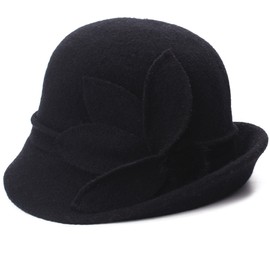 Lawliet Womens Vintage Style Floral Asymmetrical Upturn Brim Cloche Wool Soft Bucket Winter Church Wedding Hat (Black)