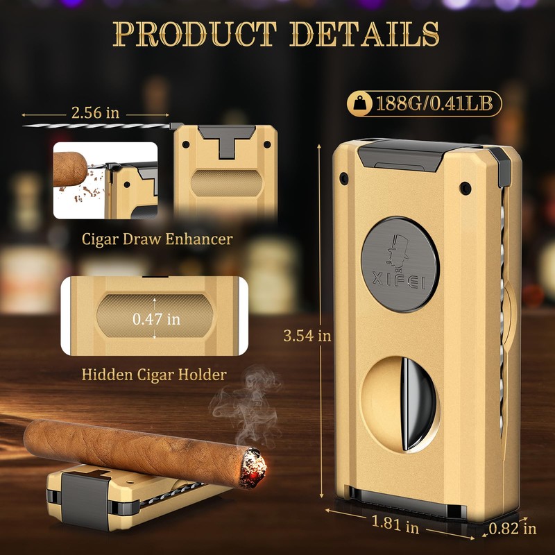 XIFEI Cigar Lighter, 5-in-1 Multifunctional Torch Lighter with Cigar Cutter,