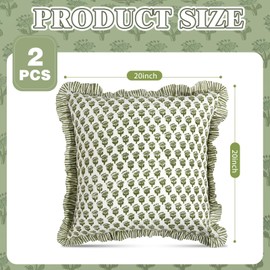 Tranqun 2 Pack Emerald Green Ruffle Throw Pillow Covers for Couch 20 x 20 Inches Green Flowers Cotton Ruffle Couch Pillow Shams Cases for Bed Sofa Living Room Hidden 16 Inches Zipper Boho Cute Square