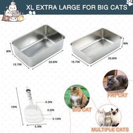 LOYIM 23. 6" x 15. 7" x 8" Stainless Steel Sifting Litter Box for Wood Pine Pellets, Two Pan Set, Sifting Cat Litter Box XL Metal Sifter Pan with Scoop for Odor Control, Easy to Clean, Anti Leakage