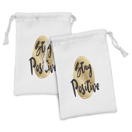 Ambesonne Positive Energy Fabric Pouch Set of 2, Ink Written Phrase on Circular Brushstroke, Small Drawstring Bag for Toiletries Masks and Favors, 9" x 6", Seal Brown Pastel Brown