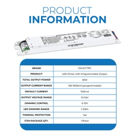 OHLECTRIC Replacement OTi 30/120-277/1A0 DIM-1 L G2 Linear 120-277V LED Driver with Programmable Output, 150-1050mA & 10-55V, 30 Watts Power. LED Dimmer, 1-100% LED Dimming Range