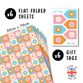 Floral Wrapping Paper - 6 Sheets Of Girly Gift Wrap - Retro Flowers Grid - Girls Wrapping Paper For Birthday Hen Do Anniversary - Comes With Stickers - By Central 23