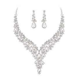 Clearine Wedding Bridal Jewellery Set Teardrop Rhinestone Cluster Statement Necklace Costume Dangle Earrings for Women Clear Silver-Tone