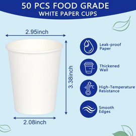 qonimi Paper Cups, 50 Pack 8 Oz Paper Coffee Cups, White Hot Cups Cold Beverage Cup Disposable Cups for Juice Water Tea, Home Office Party Travel