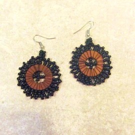 "Handmade" 1 1/2" Handmade Black Color Seed Bead Boho Wood Disc Dangle Earrings