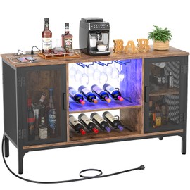 Homieasy Wine Bar Cabinet with Power Outlets & LED Lights, Industrial Liquor Cabinet with Adjustable Wine Racks, Coffee Station Cabinets with Storage for Kitchen/Home, Rustic Brown