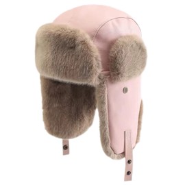 GIBZ Aviator Hat for Women Plush Winter Hat with Ear Protection Windproof Leather Russian Trapper Hat, pink
