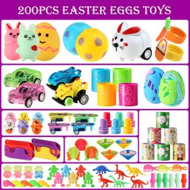 KING DOO 200 pcs Prefilled Easter Eggs with Assorted Mini Toys Inside Easter Basket Stuffers Party Favors & Egg Fillers for Kids Toddlers Boys Girls Easter Egg Hunt Supplies Ideas