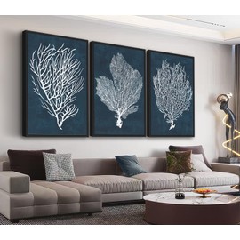 Large Framed Coral Wall Art - Navy Blue Coastal Wall Decor Painting 16"x24" Set of 3 Minimalist Beach Wall Art Prints Rustic Ocean Coral Canvas Pictures for Living Room Bedroom Office Artwork