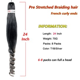 Ombre Grey Pre Stretched Braiding Hair French Curl Ends Crochet Hair Extensions for Black Women (24 Inch, 8packs, T1B/Silver)