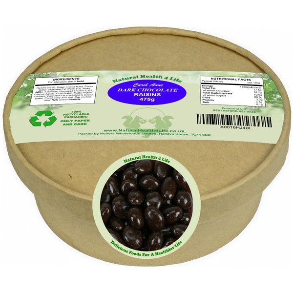 Natural Health 4 Life Carol Anne Confectionery Dark Chocolate Raisins 475 g in Recyclable Tub (1 Tub)