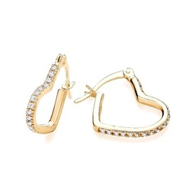 Old English Jewellers 9ct Yellow Gold on 925 Sterling Silver Cubic Zirconia Heart Shaped Hinged Hoop Huggie Earrings Ladies Girls - Womens Everyday Love Jewellery - Simulated Diamond