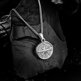 murtoo Men's Necklace with Compass Pendant for Men, Silver Stainless Steel Necklace, Gift Ideas for Men and Women, Stainless Steel
