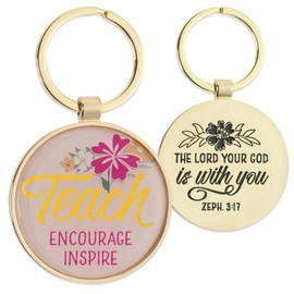 Christian Art Gifts Inspirational Gold Metal Scripture Keychain for Teachers: Teach Encourage Inspire Encouraging Bible Verse Accessory for Women, Round Coated Keyring for Purses/Car Keys, Pink Floral