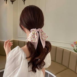 2pcs Large Intestine Hair Loop, 3.5in Chiffon Bow Tie Hair Loop Harmless Hair Loop Bow Scrunchies for Hair For Women Girls (Pink)