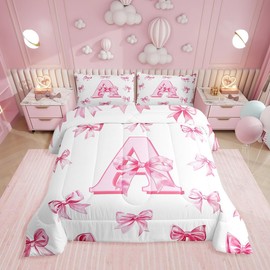Erosebridal Initial Letter A Comforter Set Pink Bow Girls Twin Bedding Set Kawaii Girly Bowknot Bedding Comforter Sets Princess Style Romantic Bow Bed Set for Kids Teen Women